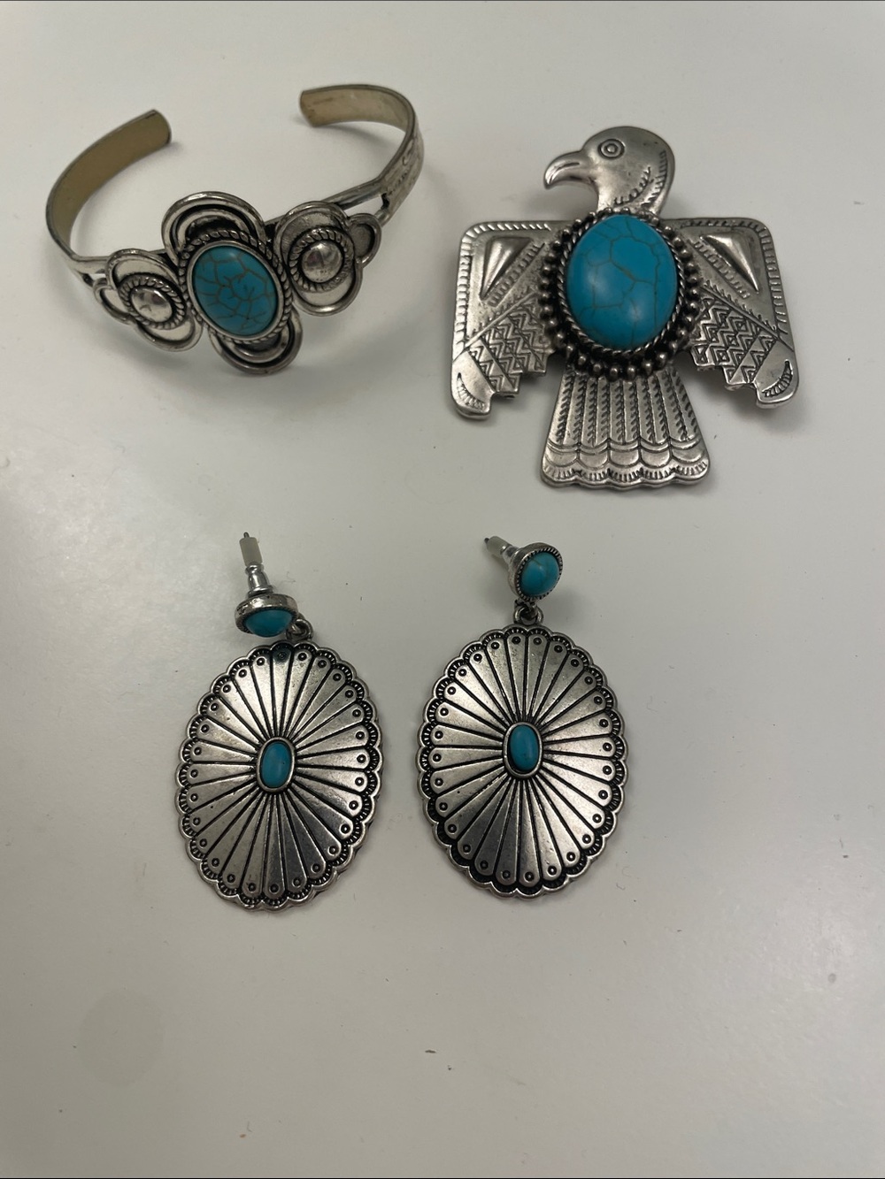 Silver-Tone Turquoise Southwestern Jewelry Set - Bracelet, Eagle Pin, Earrings